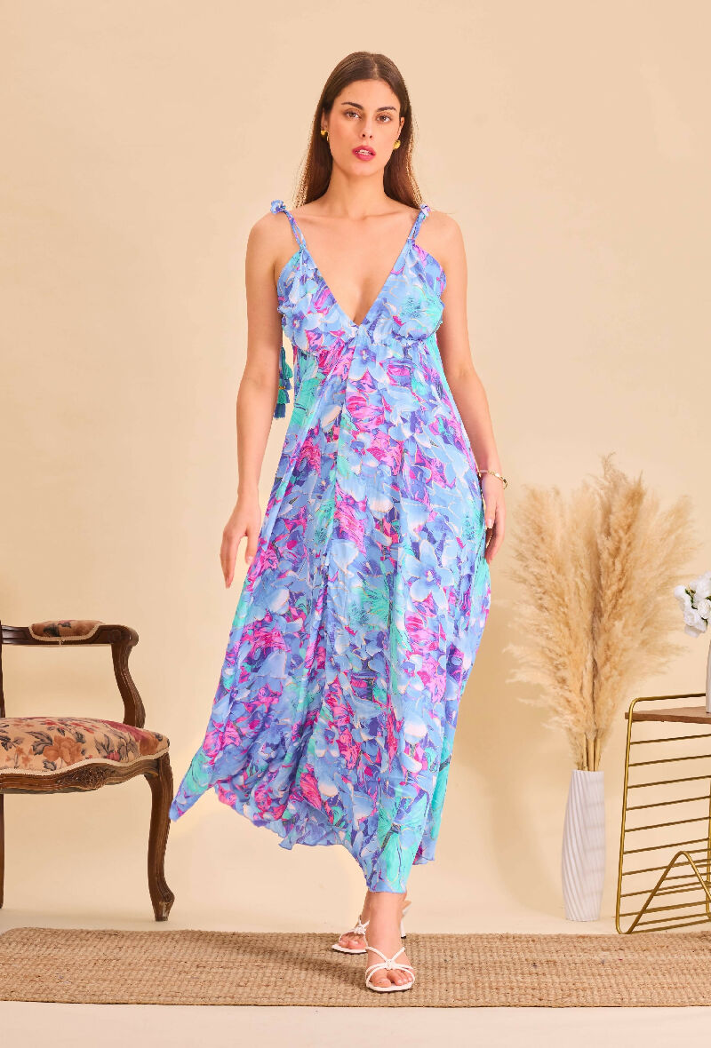 Long bohemian silk backless dress - Blue