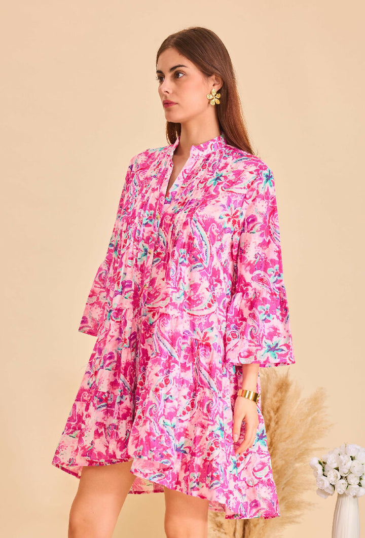 Short A-line dress in printed cotton- Pink