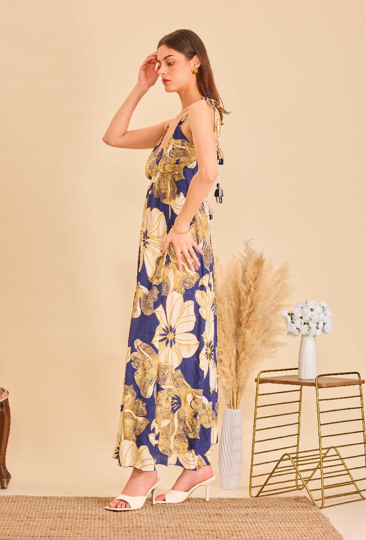 Long bohemian silk backless dress - Bleu