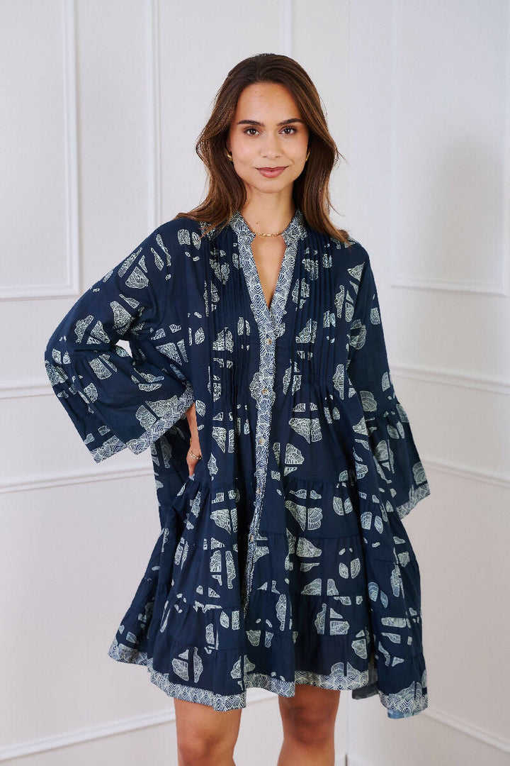 Short A-line dress in printed cotton- Navy