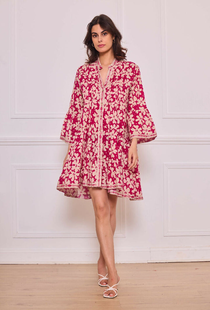 Short A-line dress in printed cotton- Fuchsia
