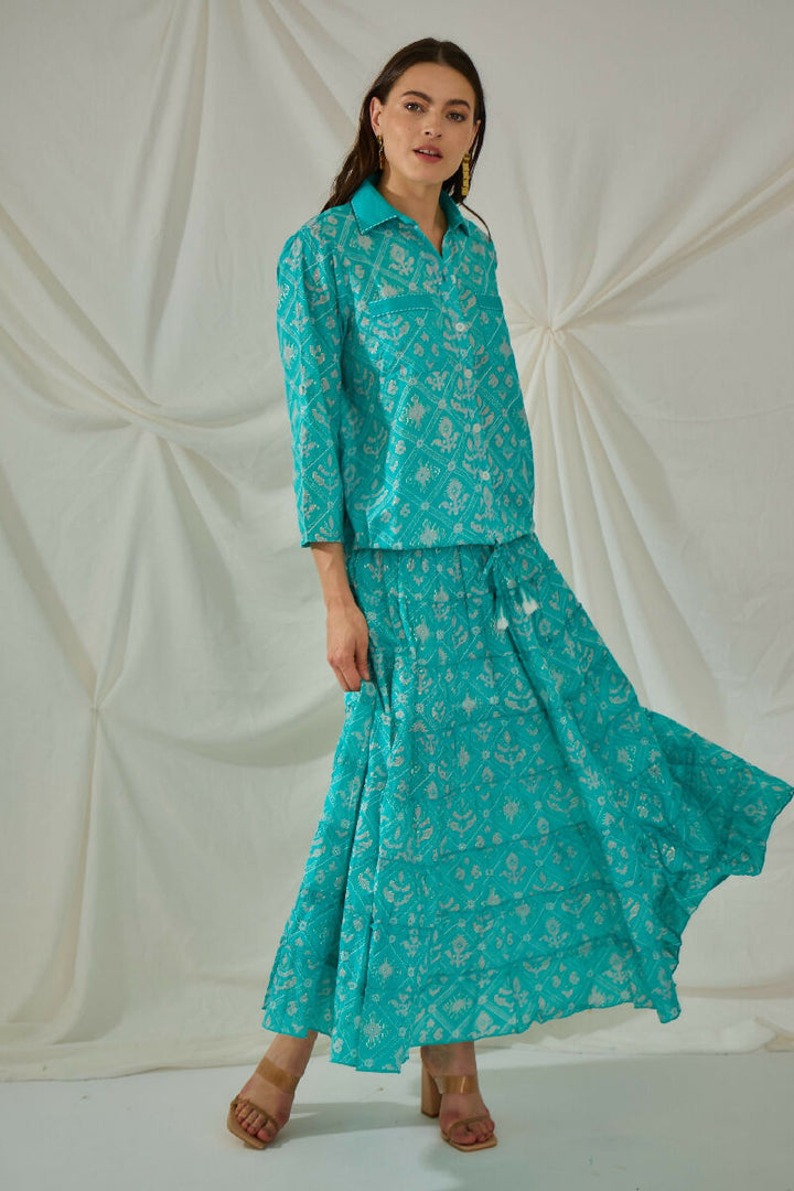 Bohemian long cotton smocked skirt- Turquoise