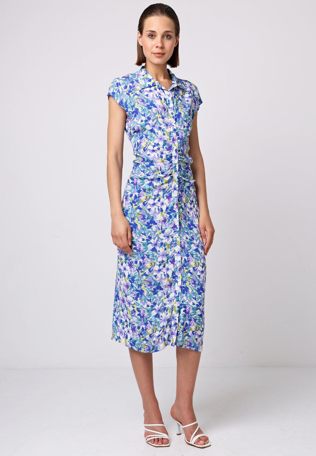 Front Ruched Midi Shirt Dress In Floral Print - jqwholesale.com
