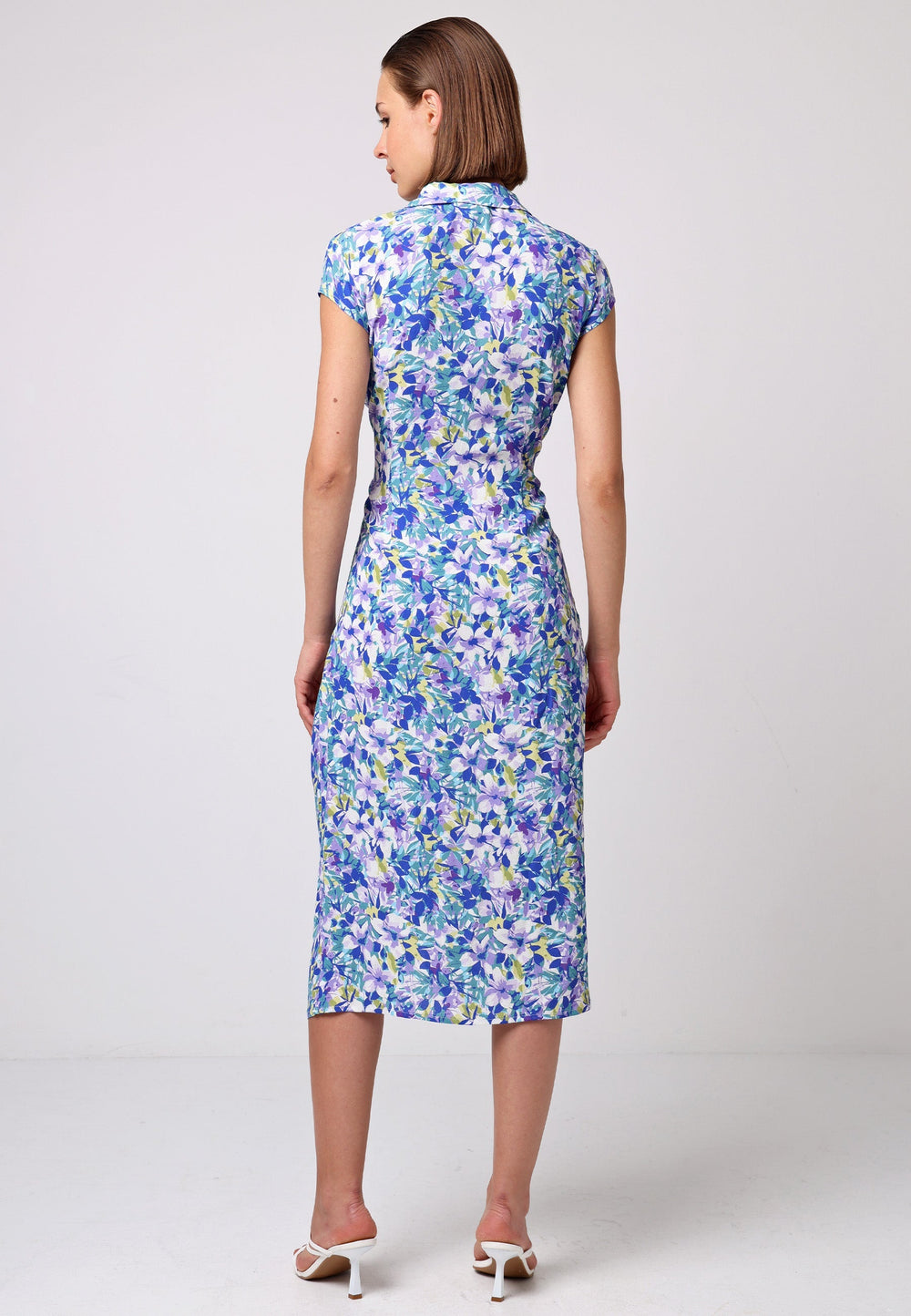 Front Ruched Midi Shirt Dress In Floral Print - jqwholesale.com