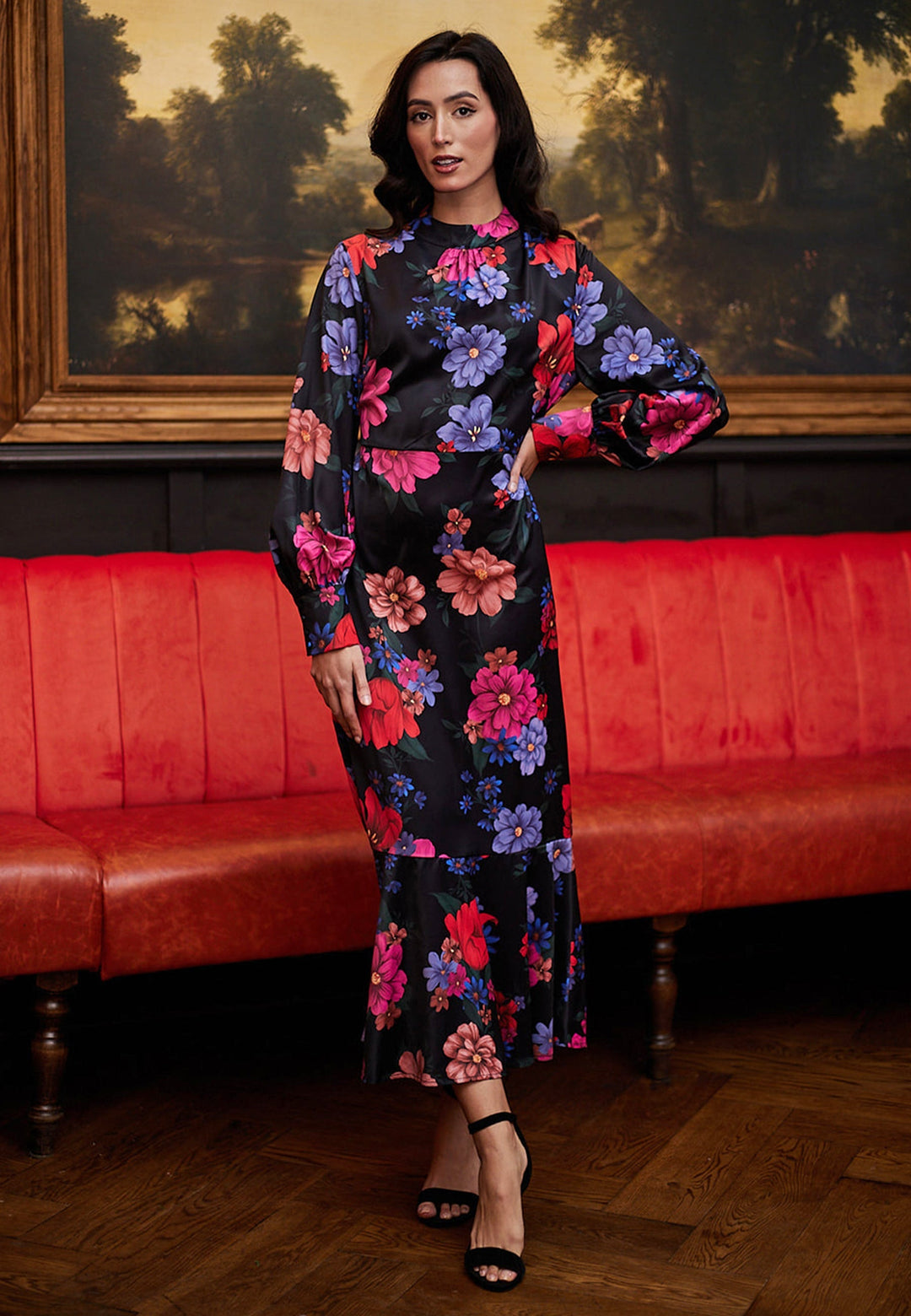 (5P.PACK) Midi Floral Black Dress - jqwholesale.com