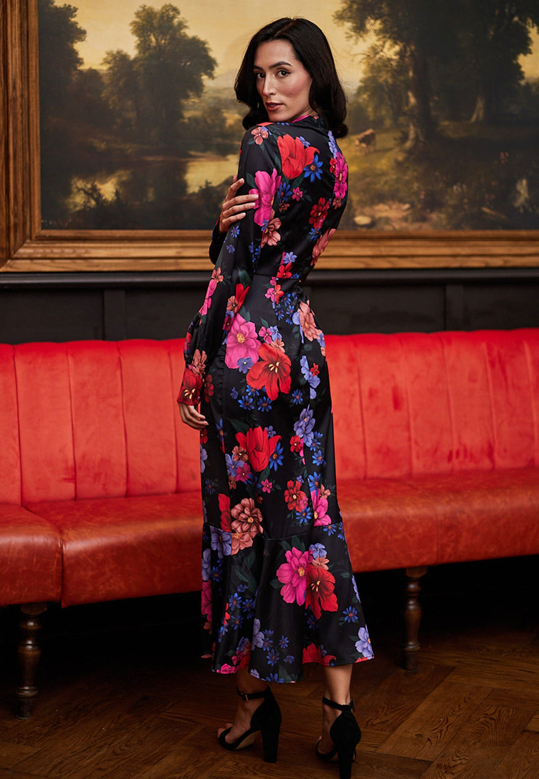 (5P.PACK) Midi Floral Black Dress - jqwholesale.com