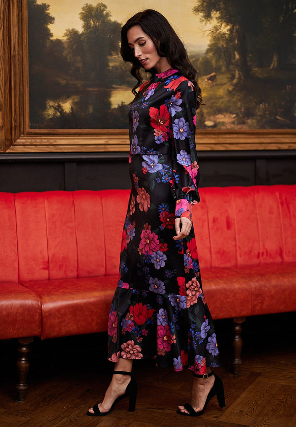 (5P.PACK) Midi Floral Black Dress - jqwholesale.com