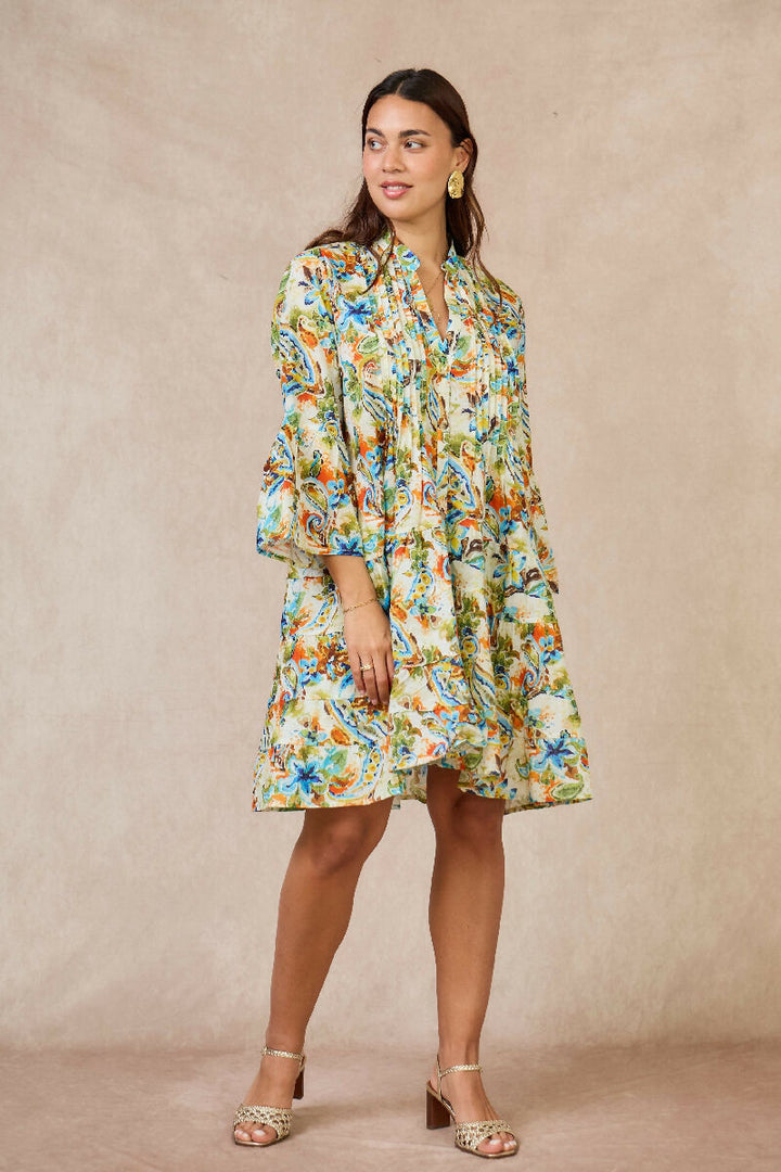 Short A-line dress in printed cotton- Green