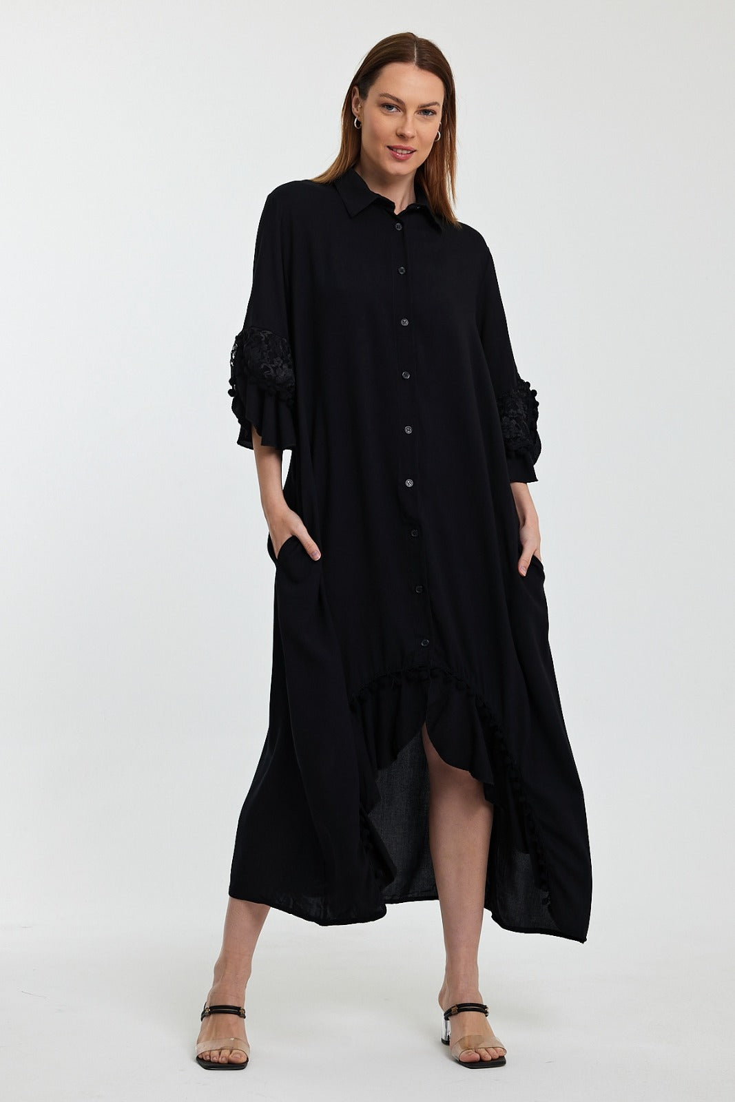 Button Front Midi Shirt Dress with Lace Sleeve Detail in Black