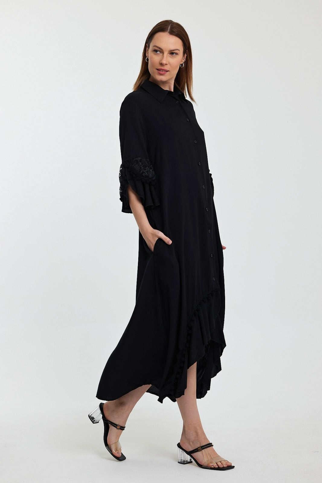 Button Front Midi Shirt Dress with Lace Sleeve Detail in Black