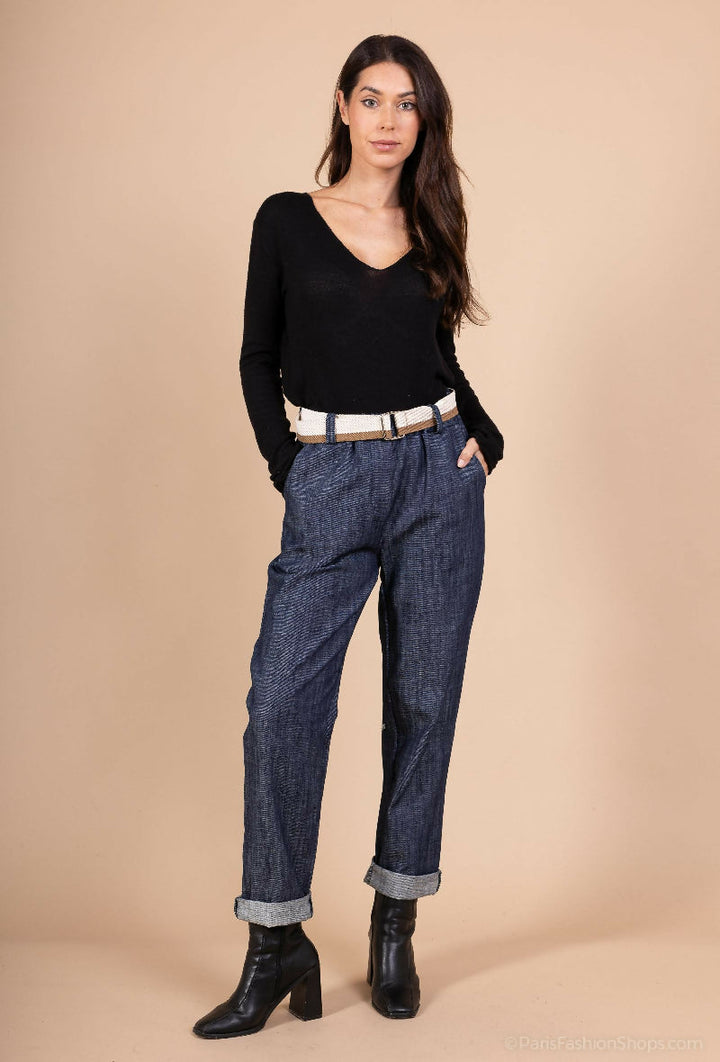 (4p.pack) Belted Straight-Cut Wide Denim Jeans