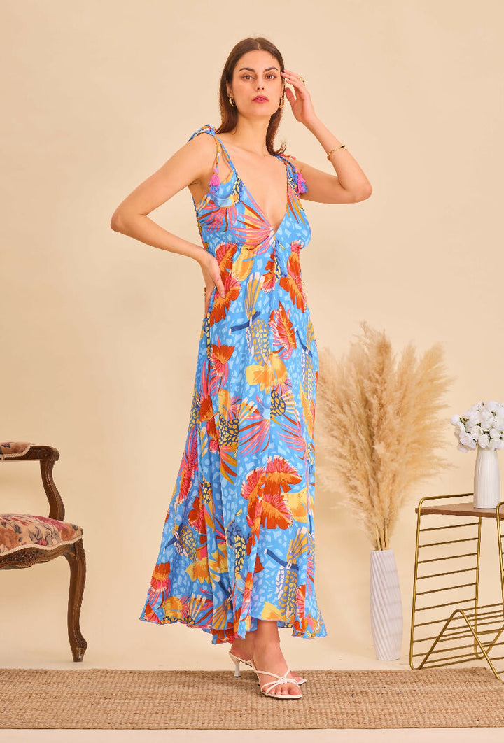Long bohemian silk backless dress - Blue