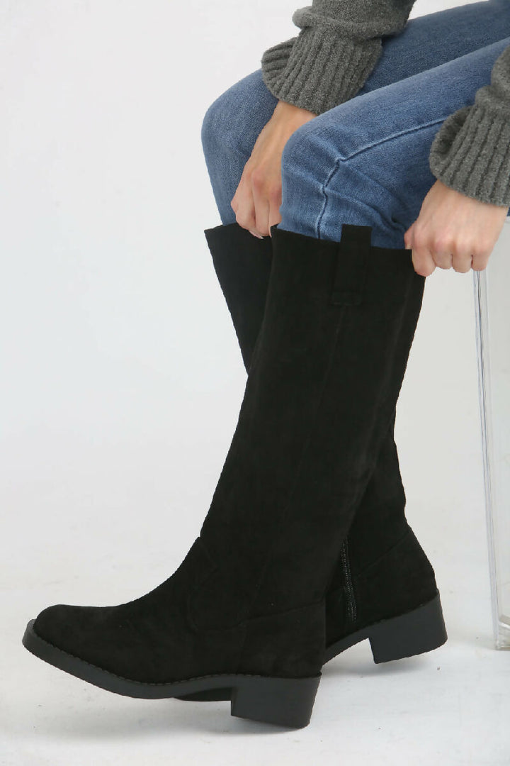 Black Suede Designer Knee High Flat Boot (PACK OF 12 PAIRS UK3-UK8) - jqwholesale.com