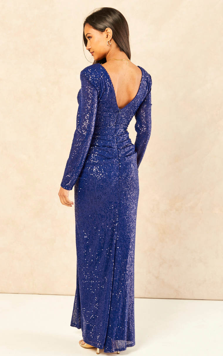 Long sleeve Blue Sequin Maxi Dress - jqwholesale.com