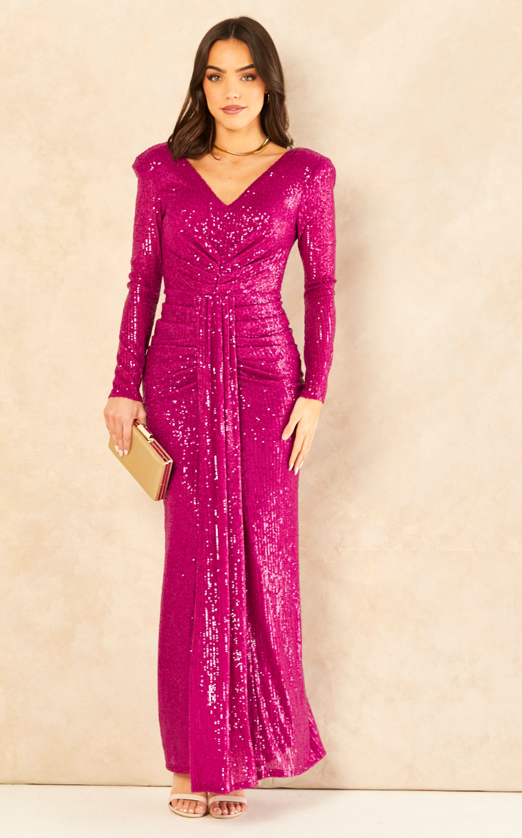 Long sleeve Pink Sequin Maxi Dress - jqwholesale.com