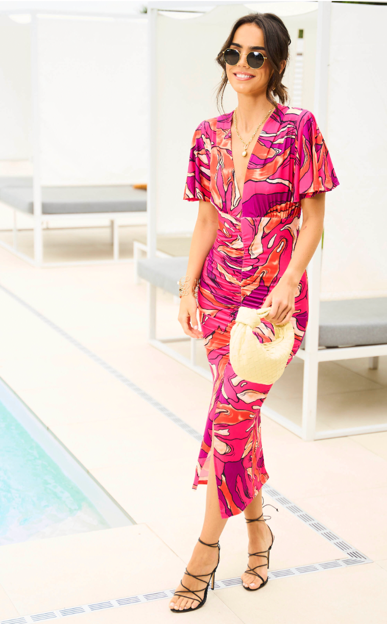 Sandra Angel Sleeve Rouge Midi Dress in Fuchsia Pink print - jqwholesale.com