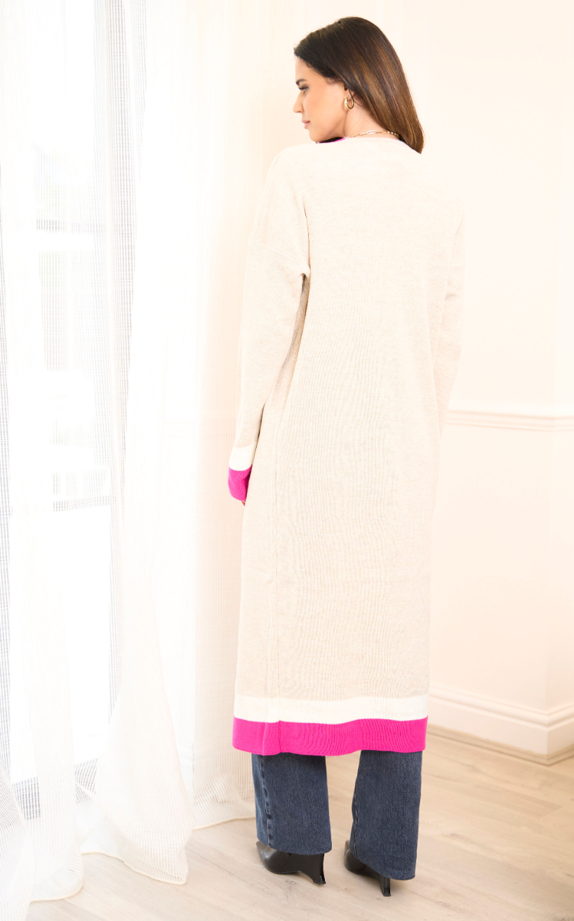 Longline ColourBlock Cardigan in Beige/Pink - jqwholesale.com