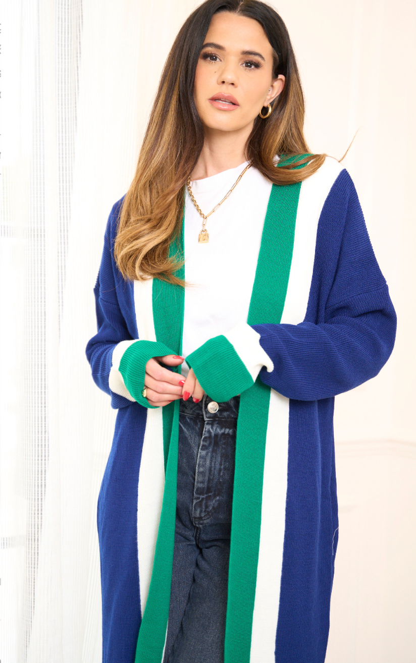 Longline ColourBlock Cardigan in Navy/Green - jqwholesale.com