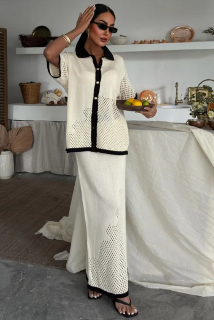 Polo Neck Oversize Shirt and Maxi Skirt Knitted Co ord set 10137