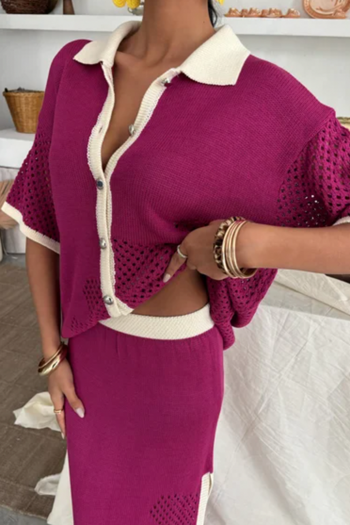 Polo Neck Oversize Shirt and Maxi Skirt Knitted Co ord set 10137