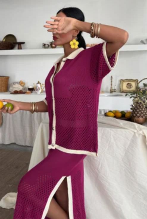 Polo Neck Oversize Shirt and Maxi Skirt Knitted Co ord set 10137