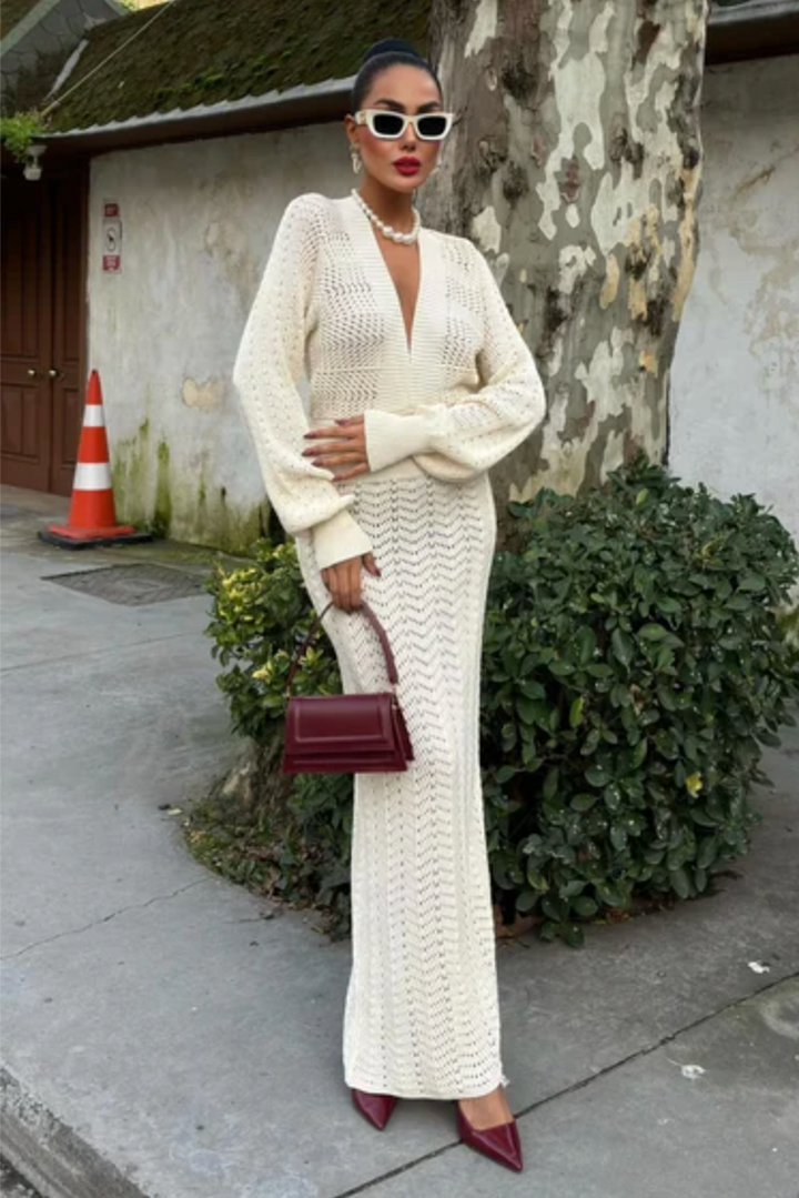V Neck Long Sleeve Knitted Dress 2712-0025