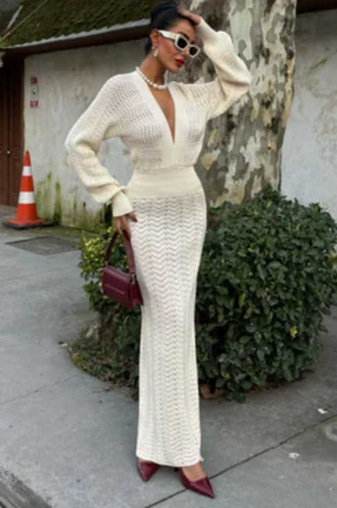 V Neck Long Sleeve Knitted Dress 2712-0025