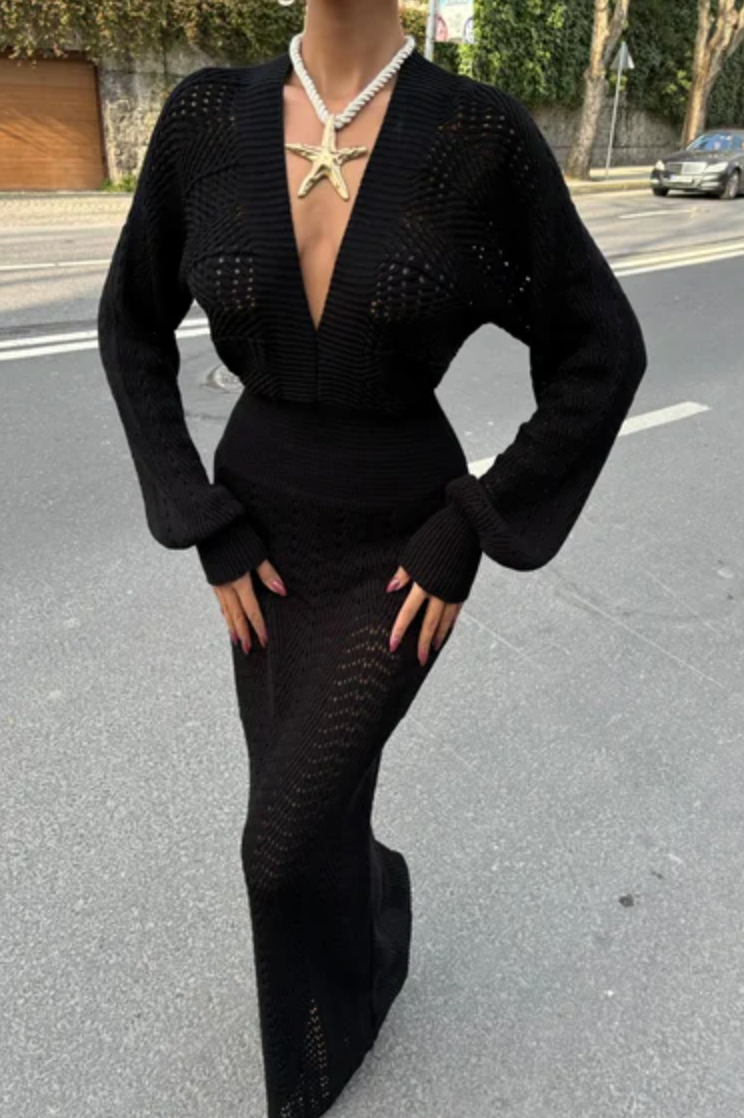V Neck Long Sleeve Knitted Dress 2712-0025