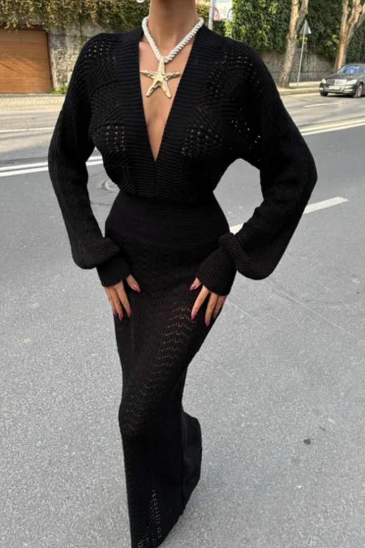 V Neck Long Sleeve Knitted Dress 2712-0025