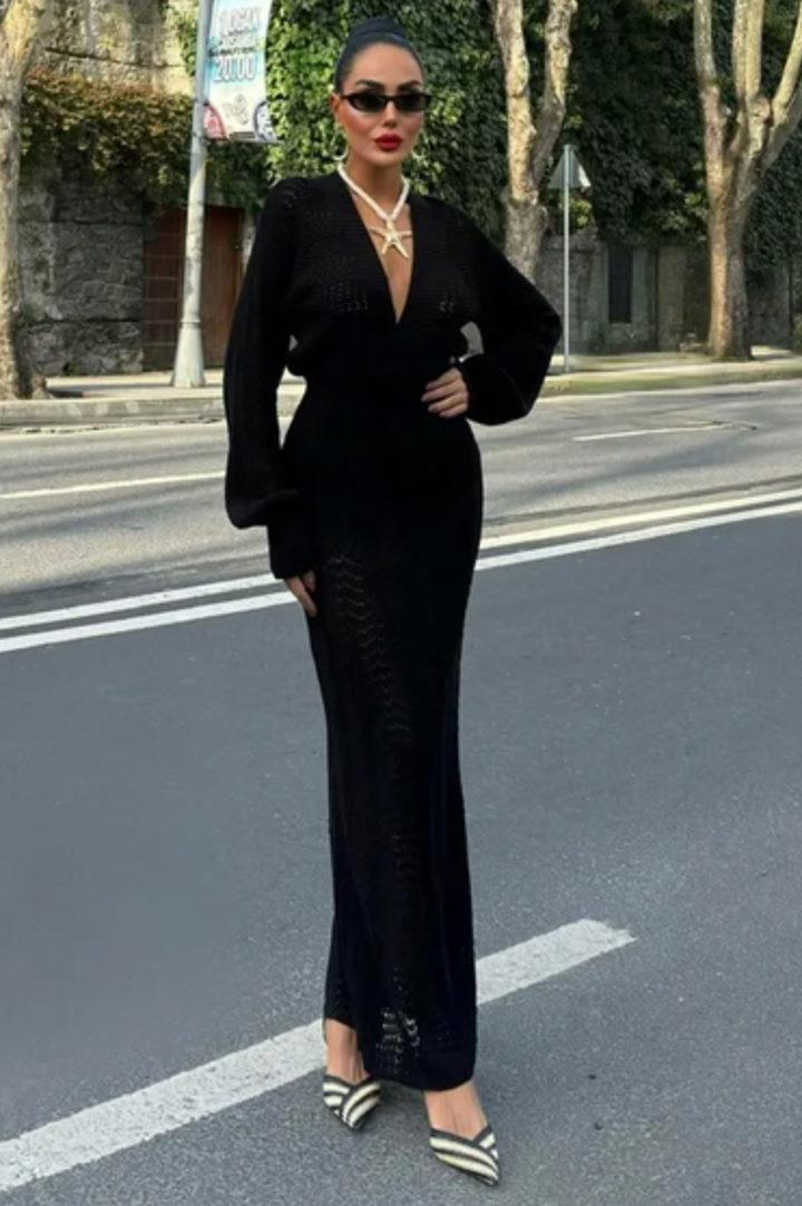 V Neck Long Sleeve Knitted Dress 2712-0025
