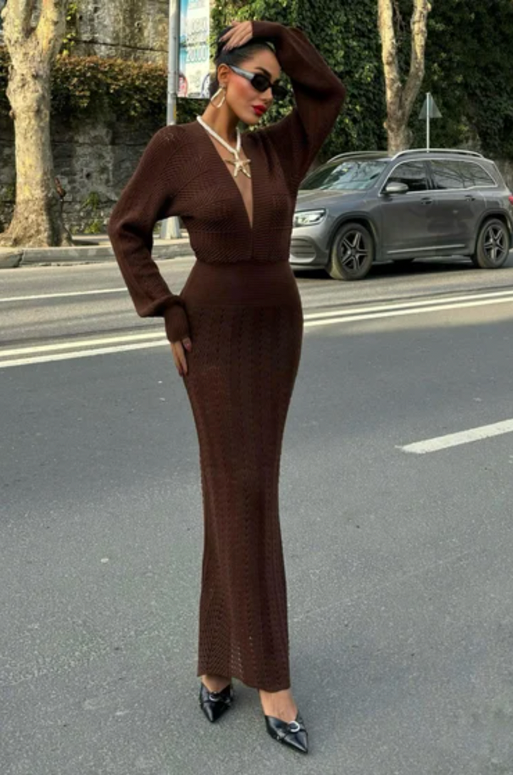 V Neck Long Sleeve Knitted Dress 2712-0025
