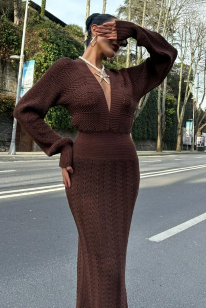 V Neck Long Sleeve Knitted Dress 2712-0025