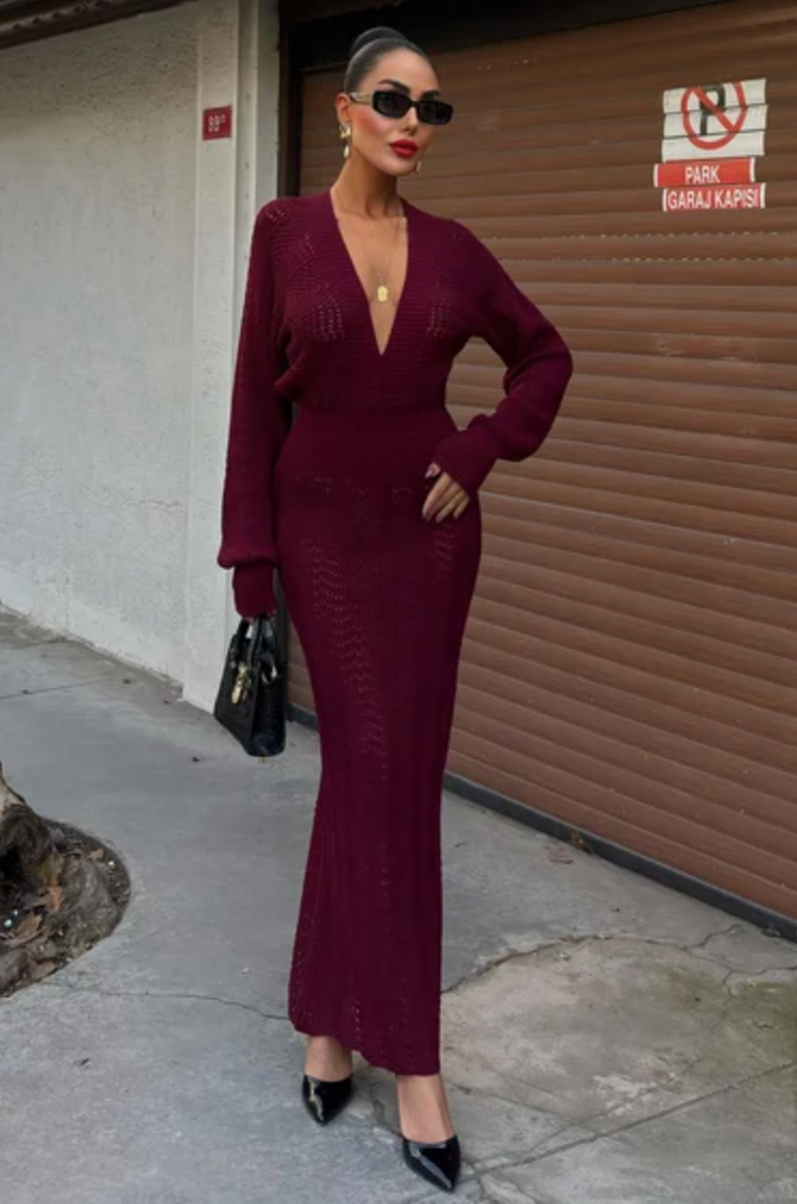 V Neck Long Sleeve Knitted Dress 2712-0025