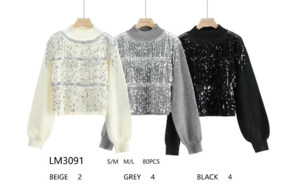 (2P.PACK) Sequin Embellished Wool Blend Cropped Knit Jumper - jqwholesale.com