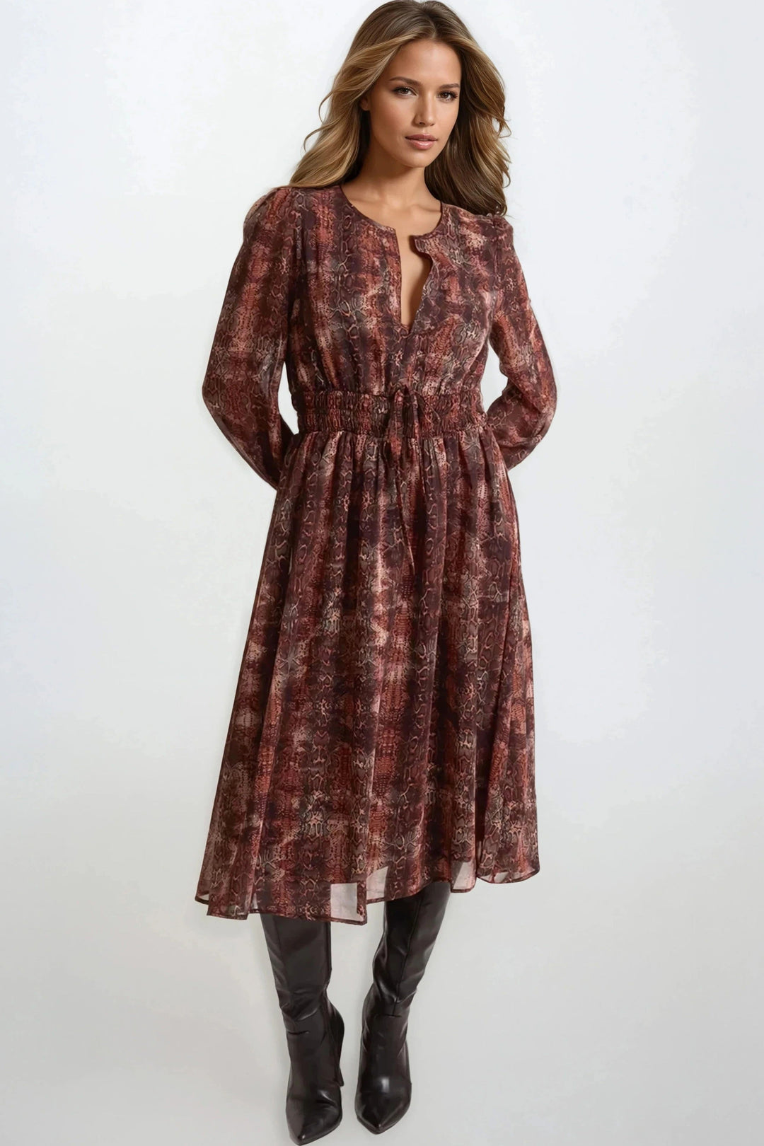 Brown Snake Print Long Sleeve Midi Dress - jqwholesale.com