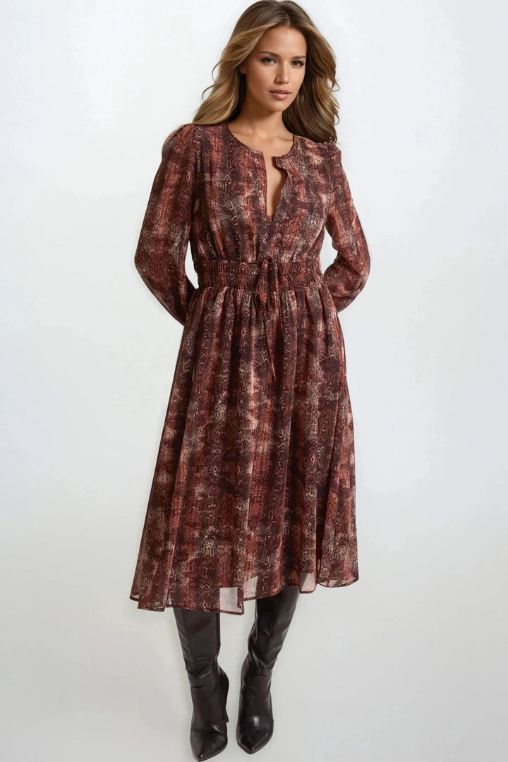 Brown Snake Print Long Sleeve Midi Dress - jqwholesale.com