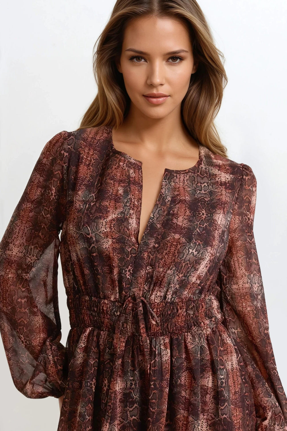 Brown Snake Print Long Sleeve Midi Dress - jqwholesale.com