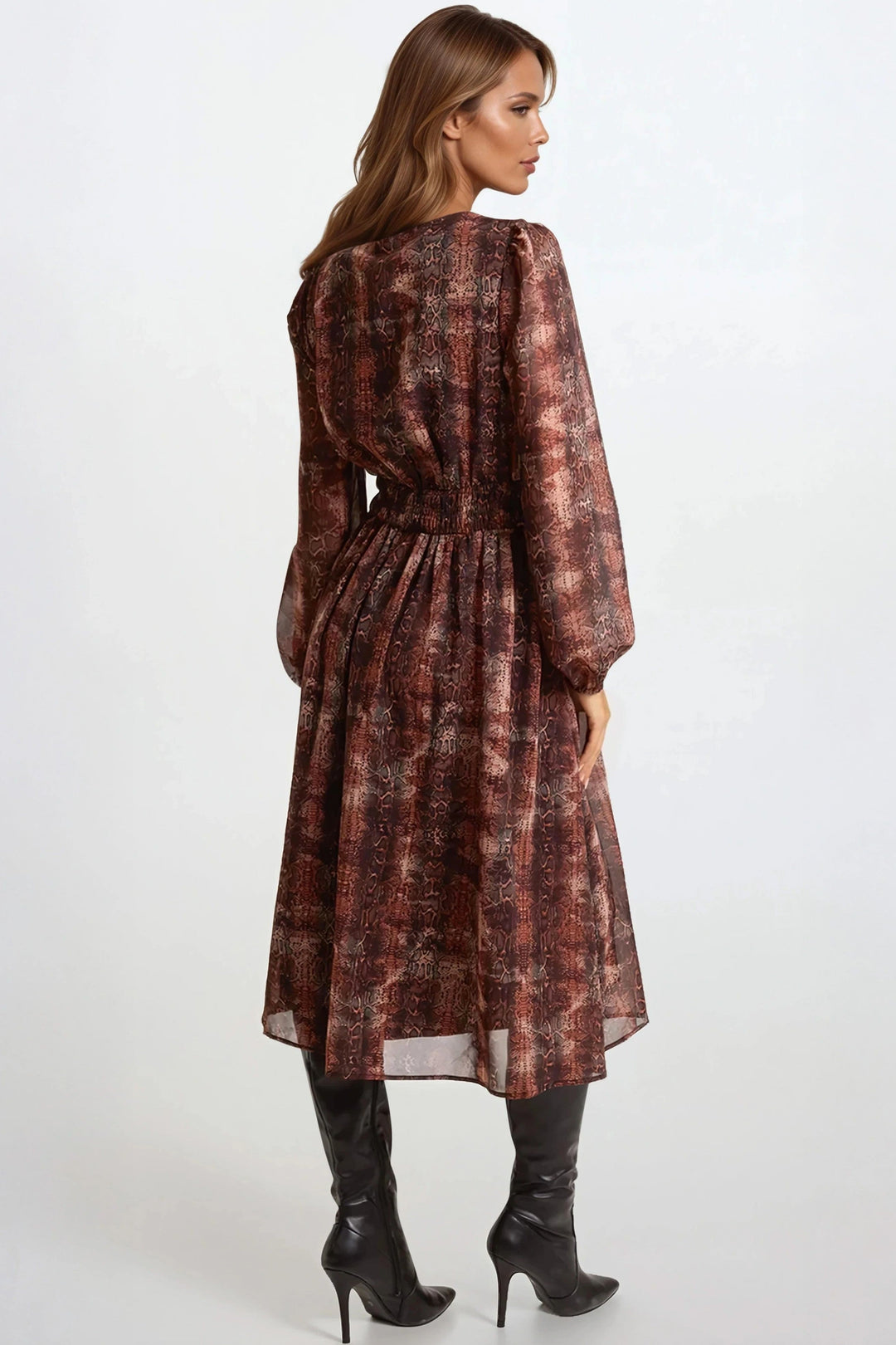 Brown Snake Print Long Sleeve Midi Dress - jqwholesale.com