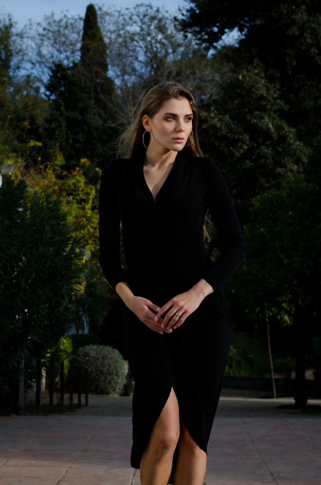 Wrap Midi dress with front Slit in Black colour - jqwholesale.com