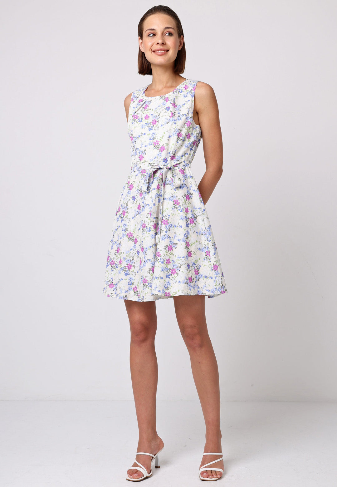 (5P. PACK) Skater Mini Dress with Tie Belt in White Floral - jqwholesale.com
