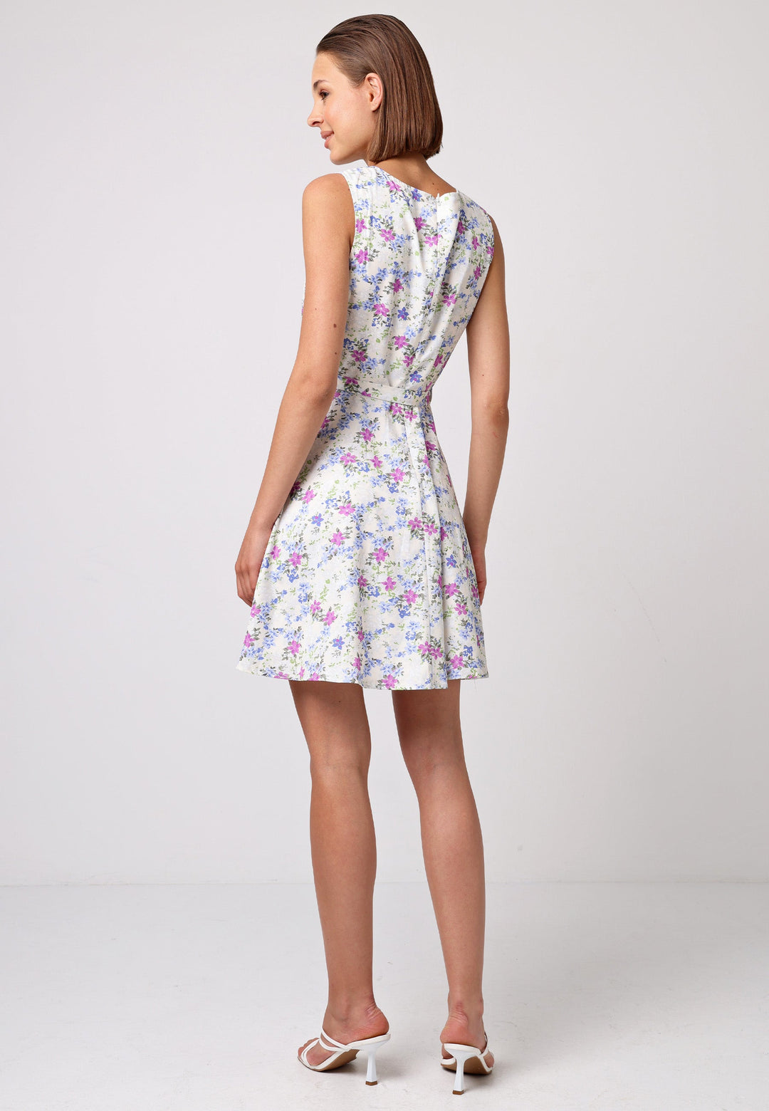 (5P. PACK) Skater Mini Dress with Tie Belt in White Floral - jqwholesale.com