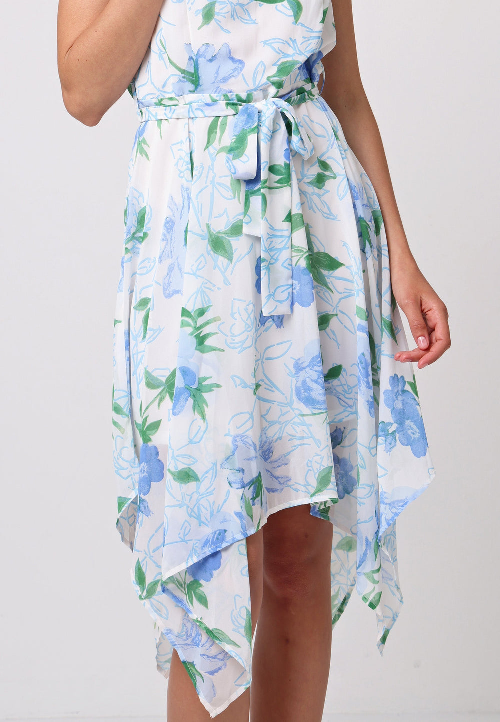 (5P. PACK) Asymmetrical Hem Tie Belt Mini Dress in White Blue Floral - jqwholesale.com