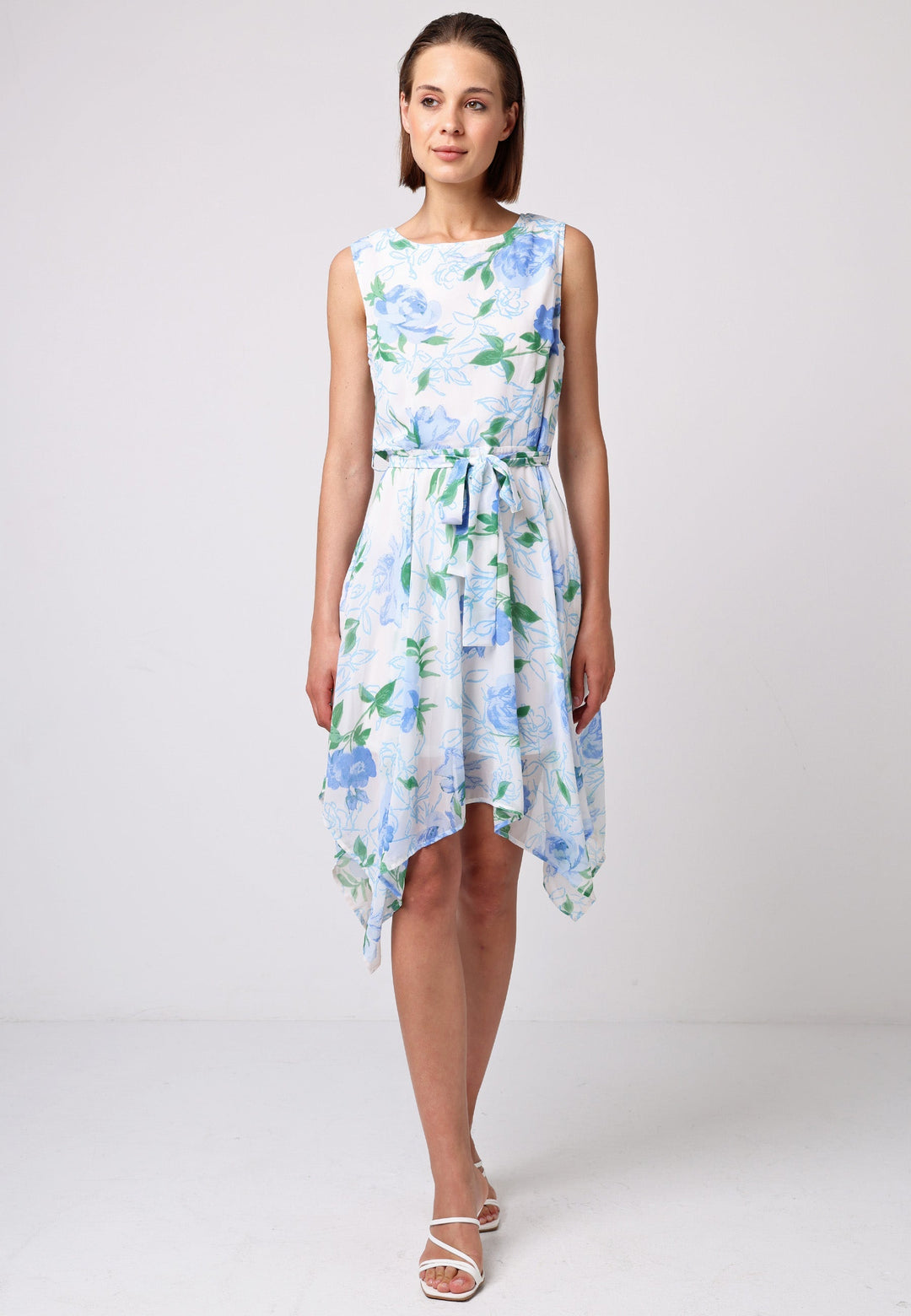 (5P. PACK) Asymmetrical Hem Tie Belt Mini Dress in White Blue Floral - jqwholesale.com
