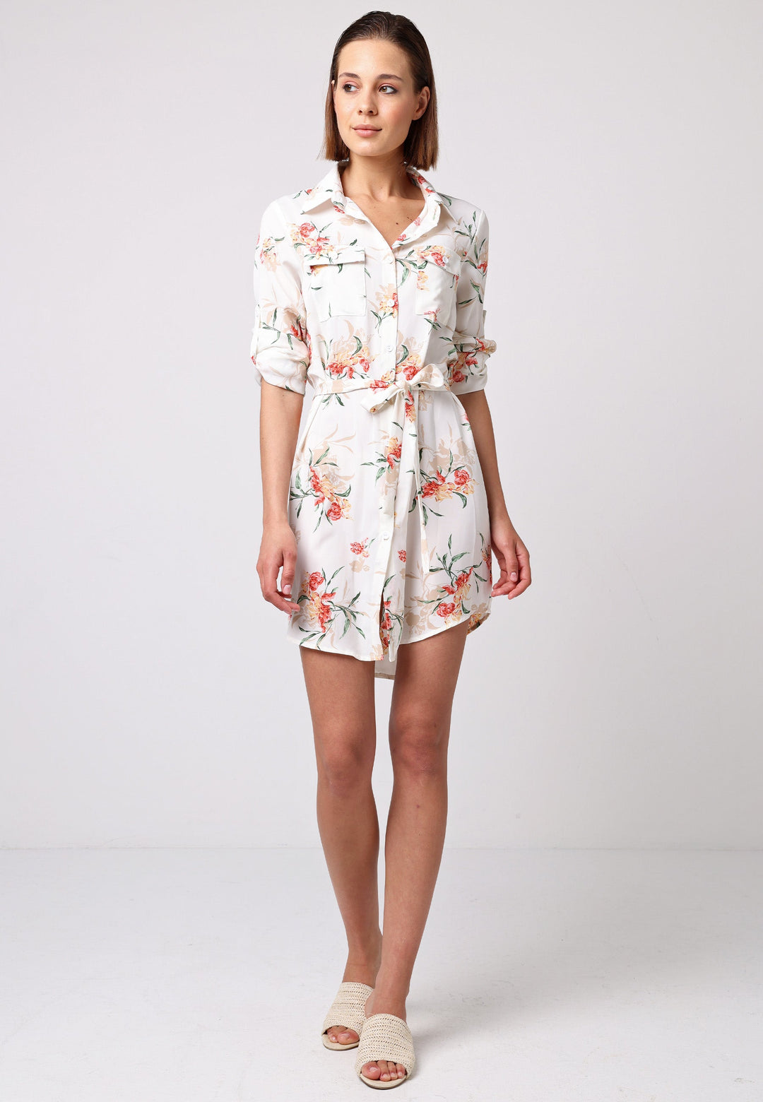 (5P. PACK) Shirt Dress with 3/4 Sleeve and Tie Belt in White Floral - jqwholesale.com