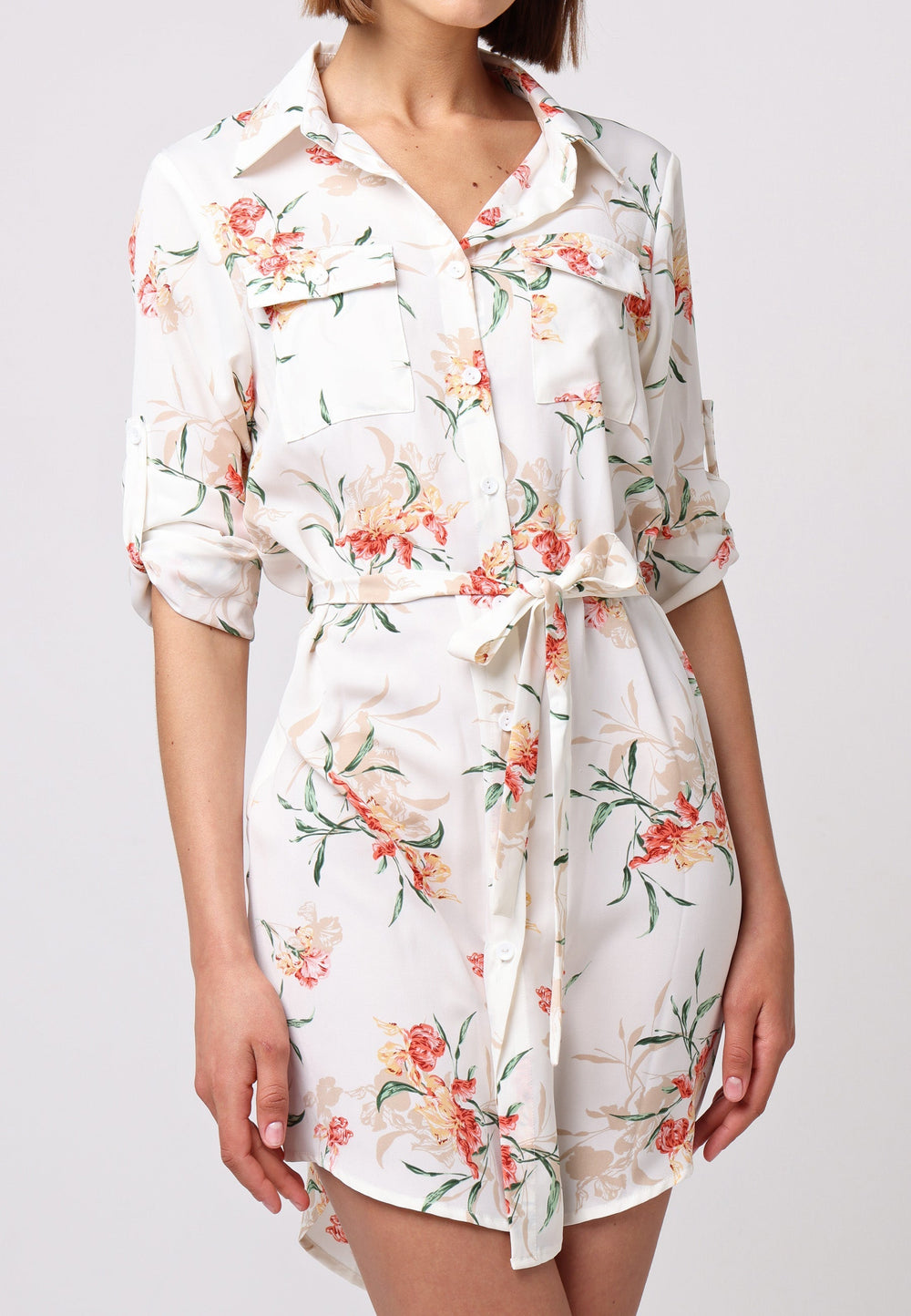 (5P. PACK) Shirt Dress with 3/4 Sleeve and Tie Belt in White Floral - jqwholesale.com