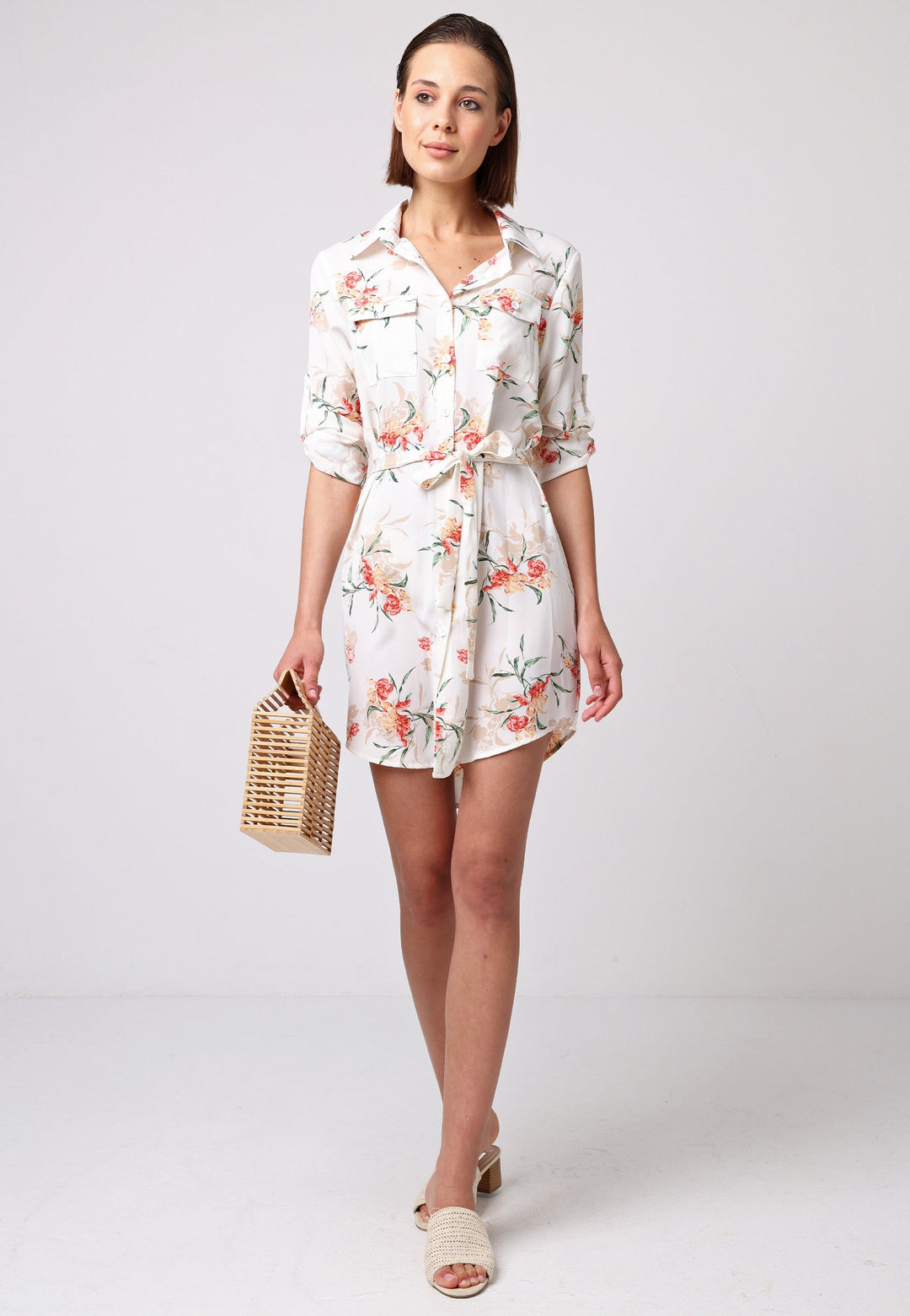 (5P. PACK) Shirt Dress with 3/4 Sleeve and Tie Belt in White Floral - jqwholesale.com