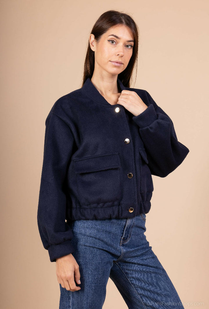 Short Suede-Look Jacket with Gold Buttons