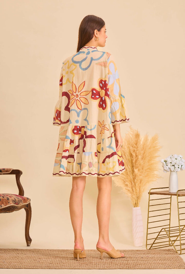 Short A-line dress in printed cotton- Flower