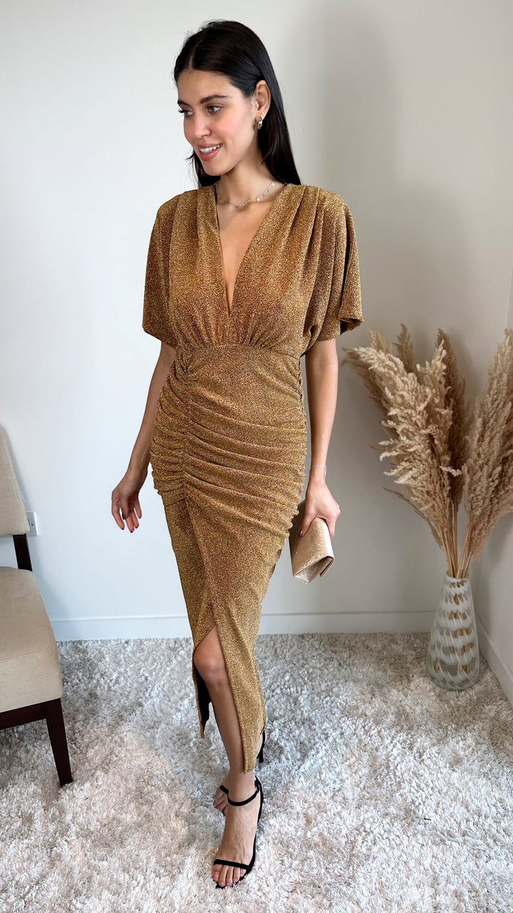 Kimono Sleeves Drape Shiny Maxi Dress in Gold - jqwholesale.com