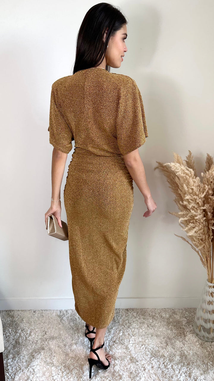 Kimono Sleeves Drape Shiny Maxi Dress in Gold - jqwholesale.com